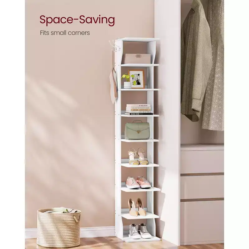 9-Tier Vertical Shoe Rack, Narrow Shoe Storage Organiser with Hooks, Slim Corner Shoe Tower Rack, for Entryway, Bedroom, White