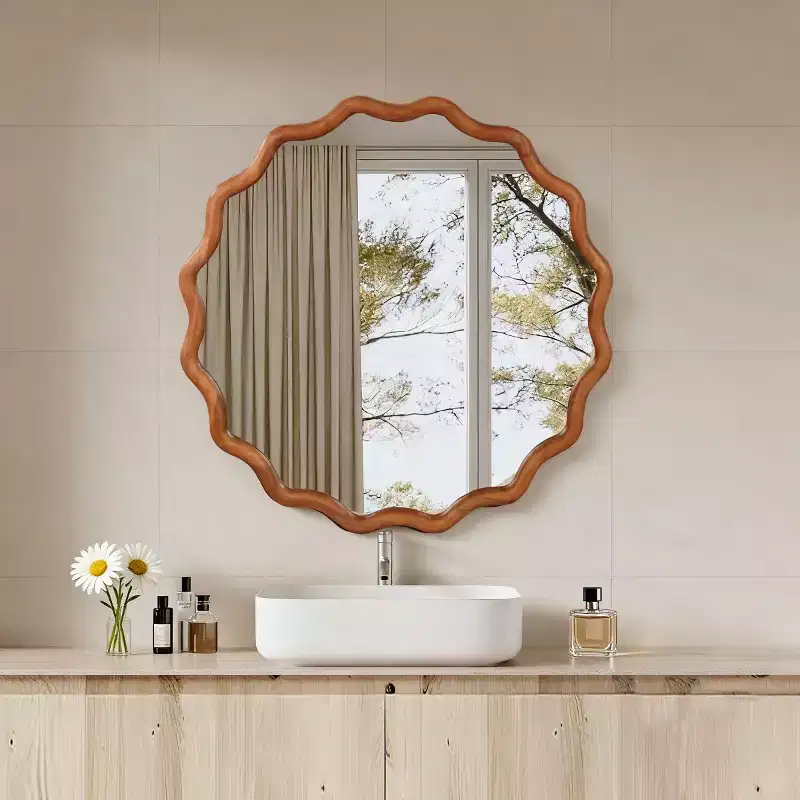 Round Decorative Wall Mirror with Wavy Design, Modern Accent Mirror for Bedroom, Bathroom, Living Room, Entryway-Panipeachy