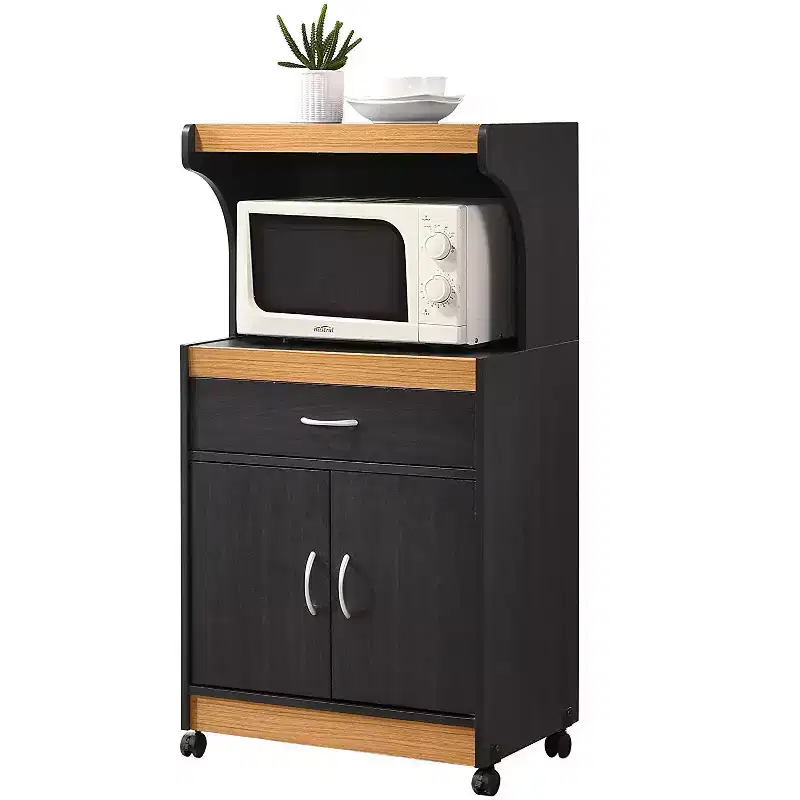 Hodedah Wheeled Microwave Island Cart with Drawer and Cabinet Storage, Black-Beech