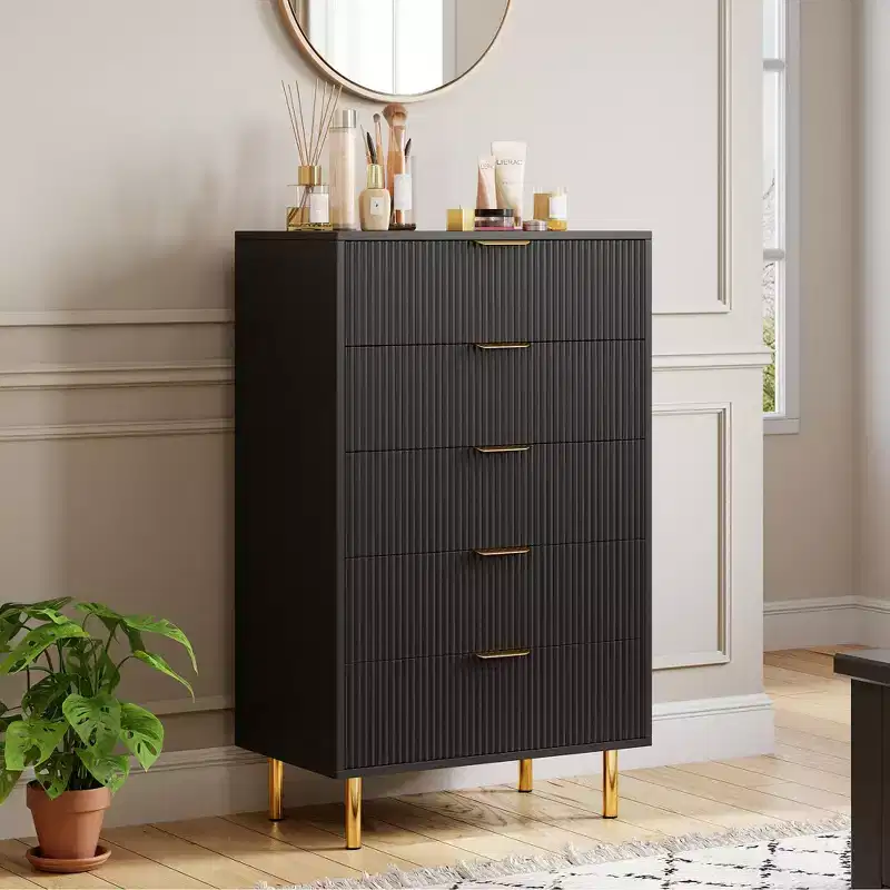 5-Drawer Dresser, 48 Tall Modern Wood Storage Organizer for Bedroom, Black