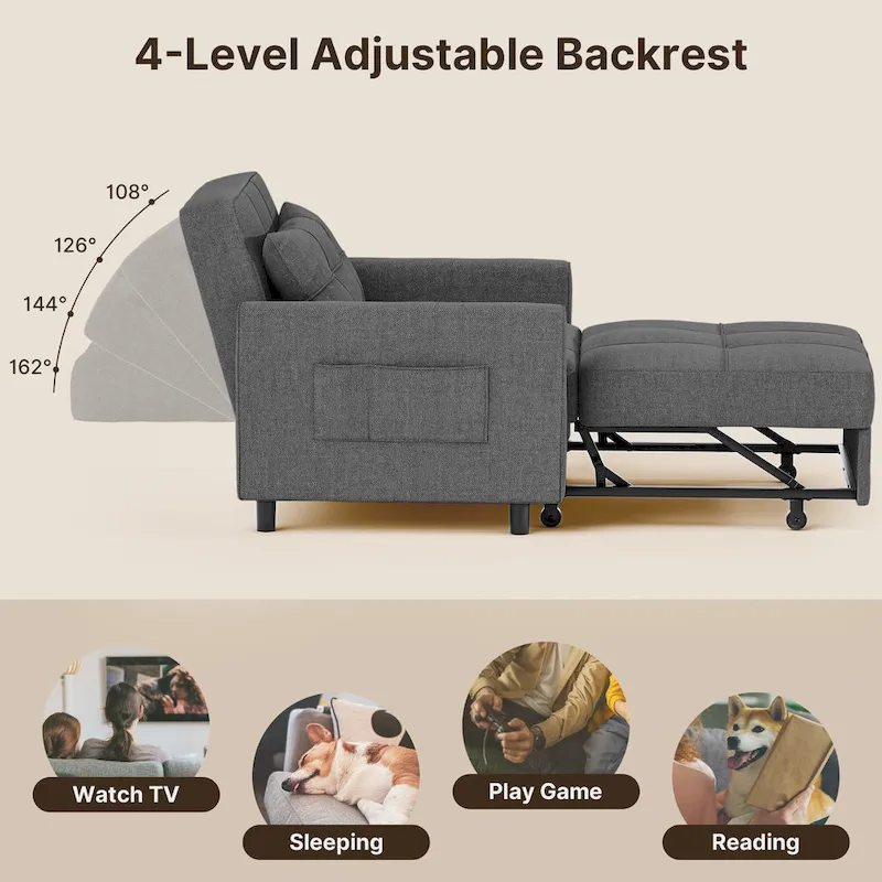 3-in-1 Pull-Out Sofa Bed Sleeper Chair , Convertible Adjustable Foldable Upholstered Lounge Couch