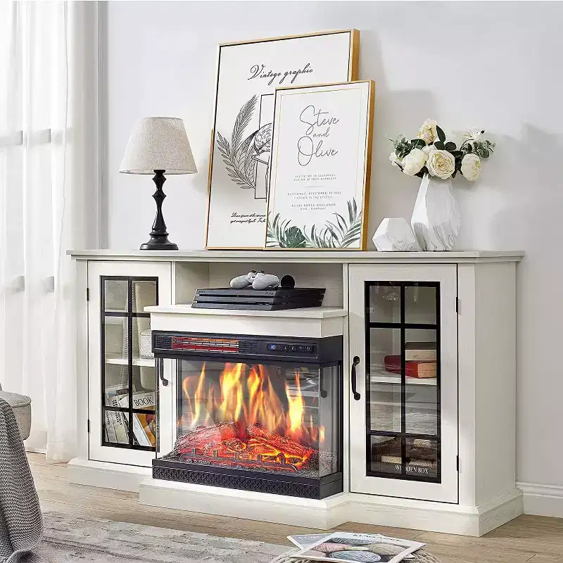 Fireplace TV Stand, 59'' TV Stand with Fireplace, Electric Fireplace Heater, Entertainment Center with Frame and LED Light Colors, TV Console Cabinet