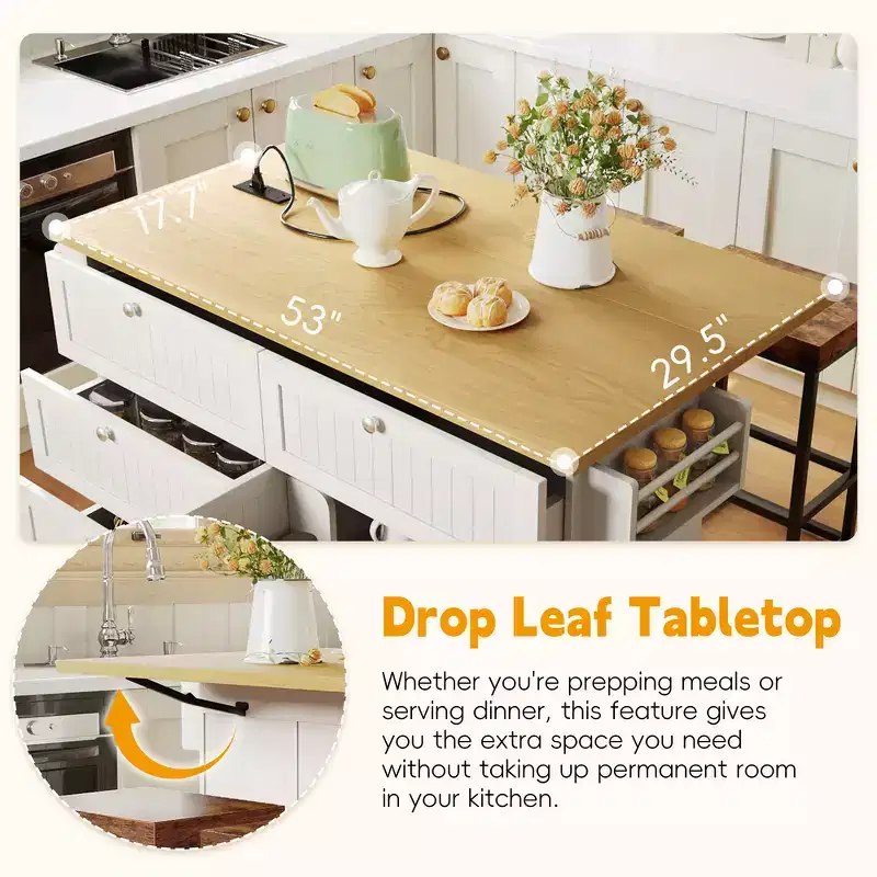 Farmhouse Kitchen Island with Drop Leaf, Drawers, Power Outlet and 2 Seats