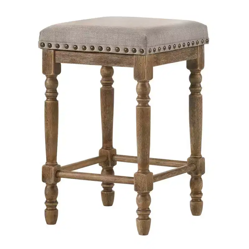 Counter Height Barstool Beige Fabric/Weathered Oak Finish - Linen Upholstery, Nailhead Trim, Wood Frame