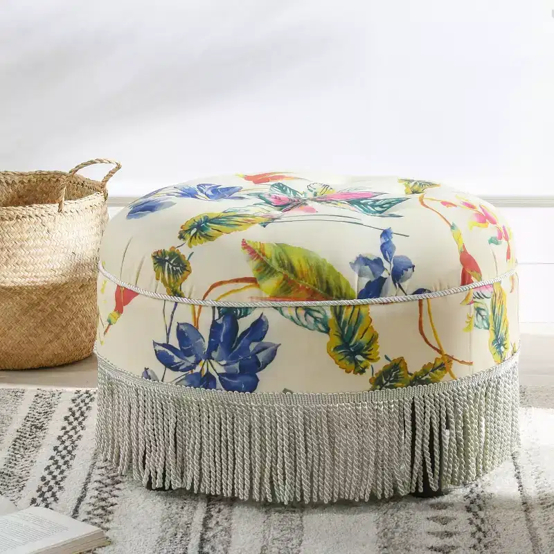 TUYOHW 24 Round Tropical Floral Accent Ottoman with Tassel Rope Bullion Fringe,Vintage Footrest Ottoman Stool for Living Room & Bedroom,Beige