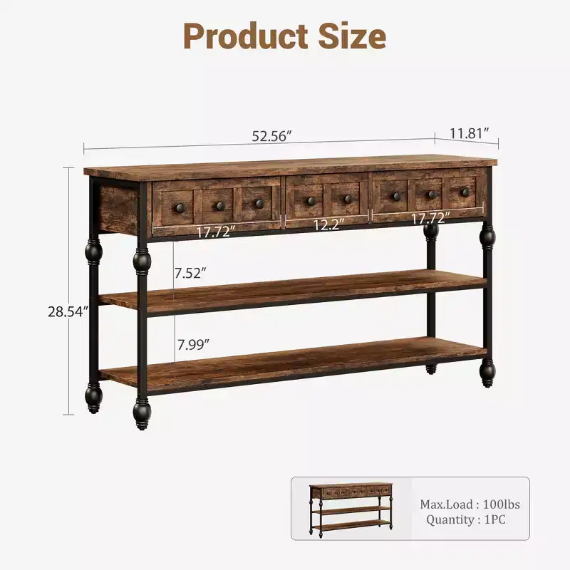 52 Industrial Console Table with 3 Storage Drawers & 3 Tiers Metal Sofa Table for Living Room, Hallway & Entryway, Behind Couch Storage