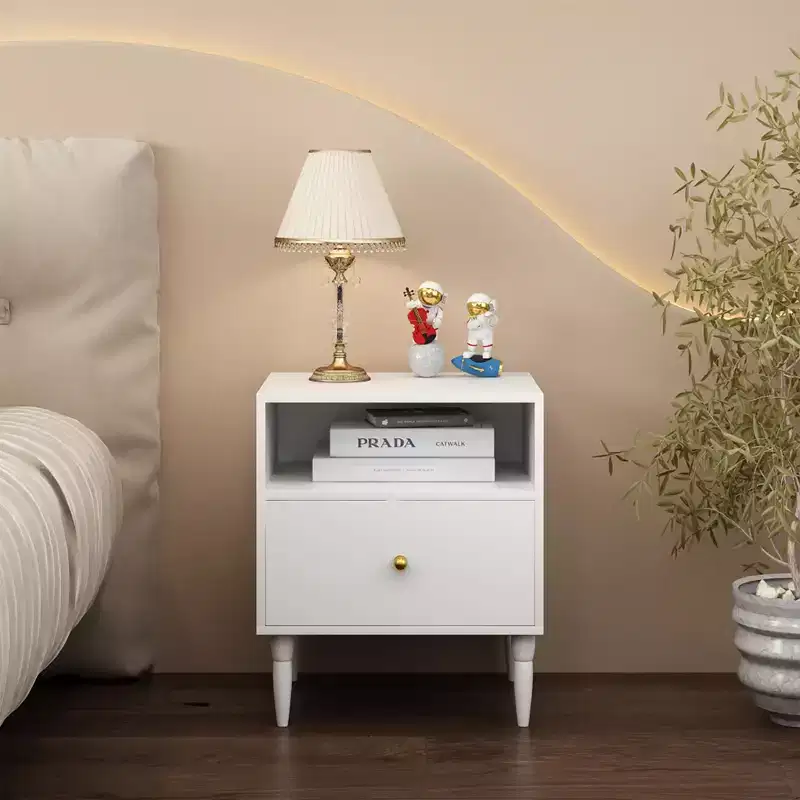 White Nightstand End Table Bed Beside Table Storage Sofa Side Table with Drawer, Open Shelf & Gold Knob - ModernLuxe