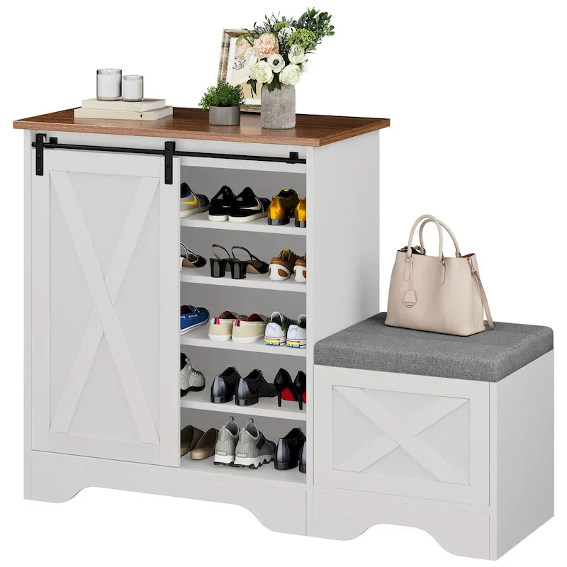 Farmhouse Shoe Cabinet with Sliding Door Shoe Bench 5-Tier Shoe Storage Cabinet with Adjustable Shelves for 20 Pairs