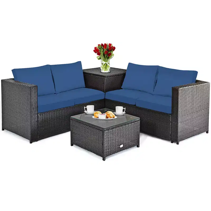 Costway 4PCS Patio Rattan Furniture Set Cushioned Loveseat Storage Table Navy