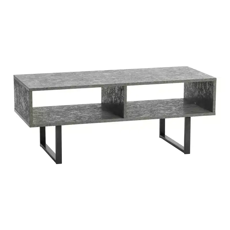 TV Stand Coffee Table with Rectangular Storage Compartments Rustic Slate Concrete and Black Metal