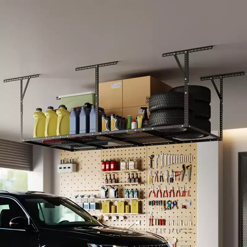 Steel Ceiling-Mounted Overhead Garage Storage Rack 96''D x 48''W Adjustable Height
