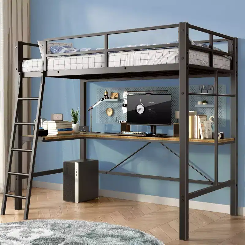 Metal Loft Bed with L-Shaped Desk, No Box Spring Needed Design Twin Bed with Safety Guard and Ladder, Bed Frames for Living Room, Bedroom, Black