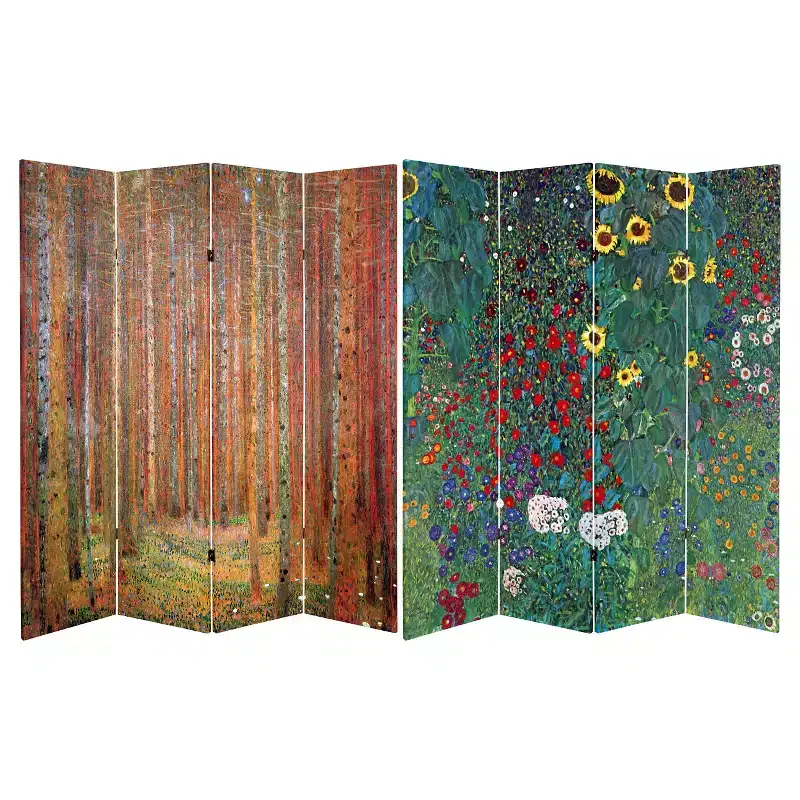 Oriental Furniture Klimt Fine Art Double Sided Room Divider Tannenwald and Farm Garden: 4-Panel, Canvas, Hardwood Frame
