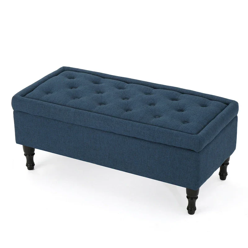 Storage Ottoman Bench, 41 Inch Button Tufted Navy Blue Fabric