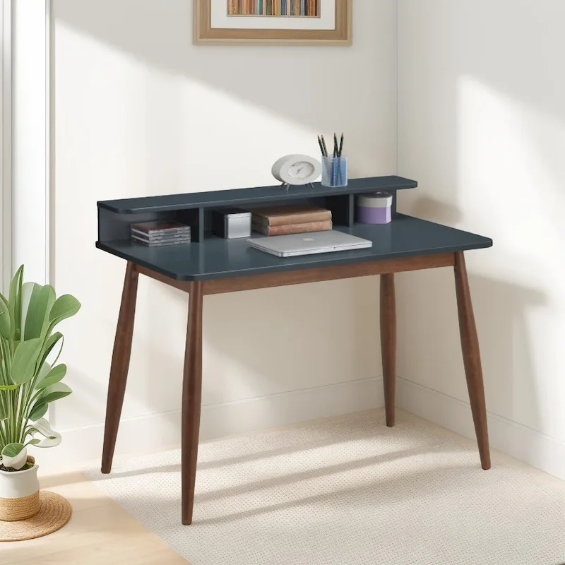 Grey-Blue Wooden Storage Office Desk with Drawers, Modern Home Office Writing Desk
