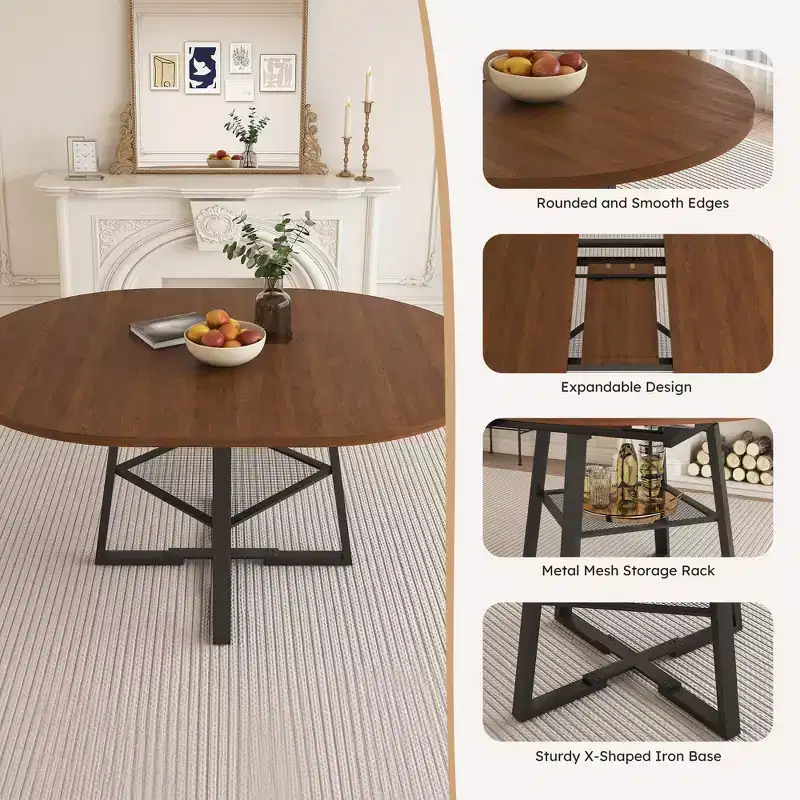 GDFStudio Rakesh Modern Extendable Metal Round Dining Table with Wire Grid Shelf