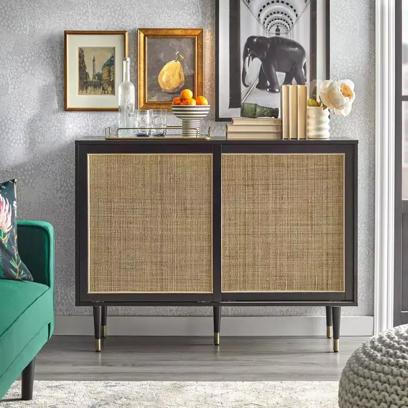 angelo:HOME Allen Mid-Century Modern Buffet Black/Natural: Rattan Sliding Doors, Tapered Legs