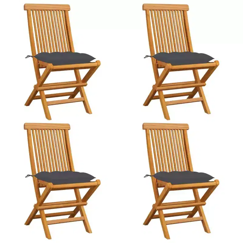 vidaXL Teak Folding Patio Chairs- Outdoor Garden with Durable and Comfortable Anthracite Cushions, Lightweight and Easy to Store (Set of 4)
