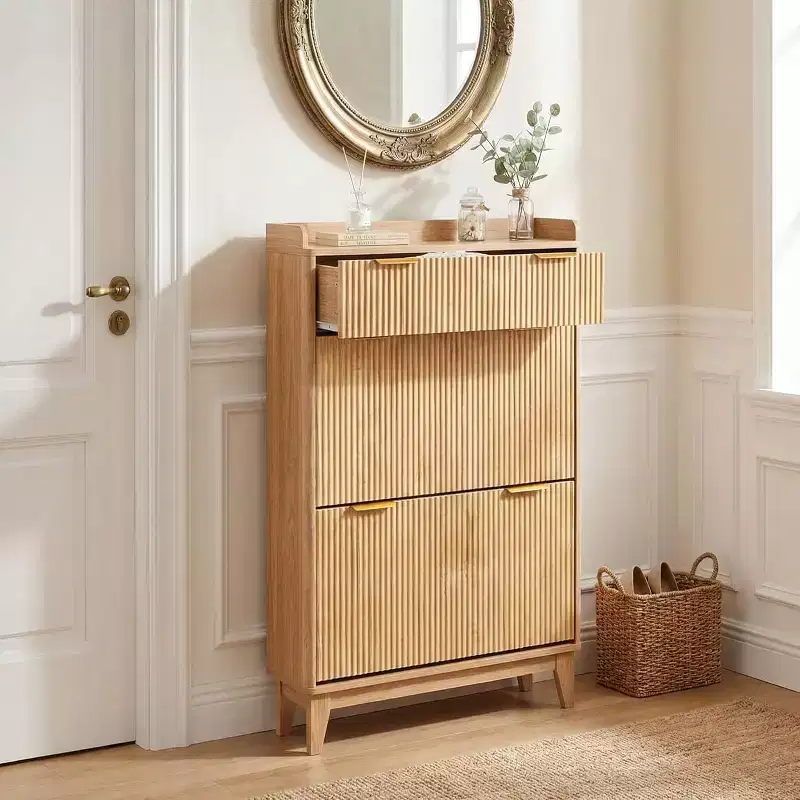 Slim Fluted Shoe Cabinet for Entryway  Modern Narrow Hallway Organizer with 2 Doors, Adjustable Shelves, Compact Storage Solution for Home