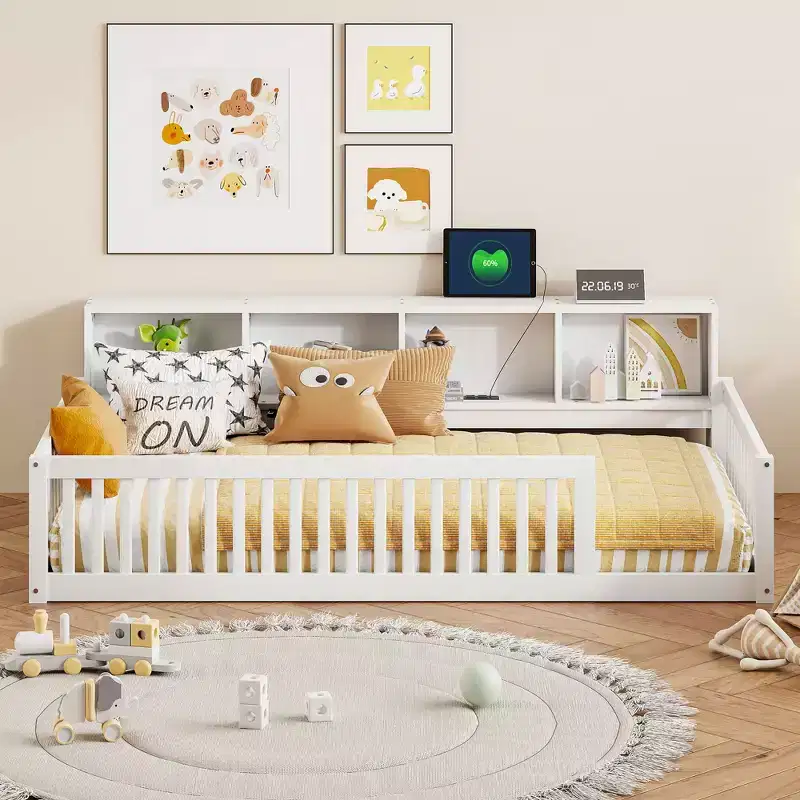 Kids Montessori Floor Bed with Bookcase, Charging Station and Guardrails - Twin XL, White