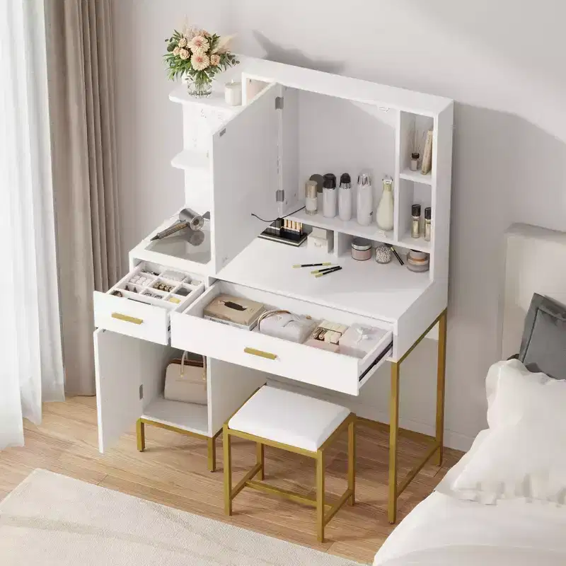 Makeup Vanity Desk, Adult Dressing Table, Vanity Desk with Lights in 3 Colors, Charging Station, Drawers, for Bathroom, Bedroom, White