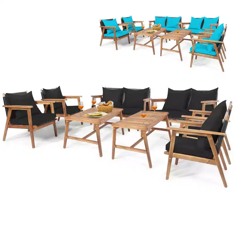 Costway 8PCS Patio Rattan Furniture Set Wooden Cushioned Sofa with Black & Turquoise Cover