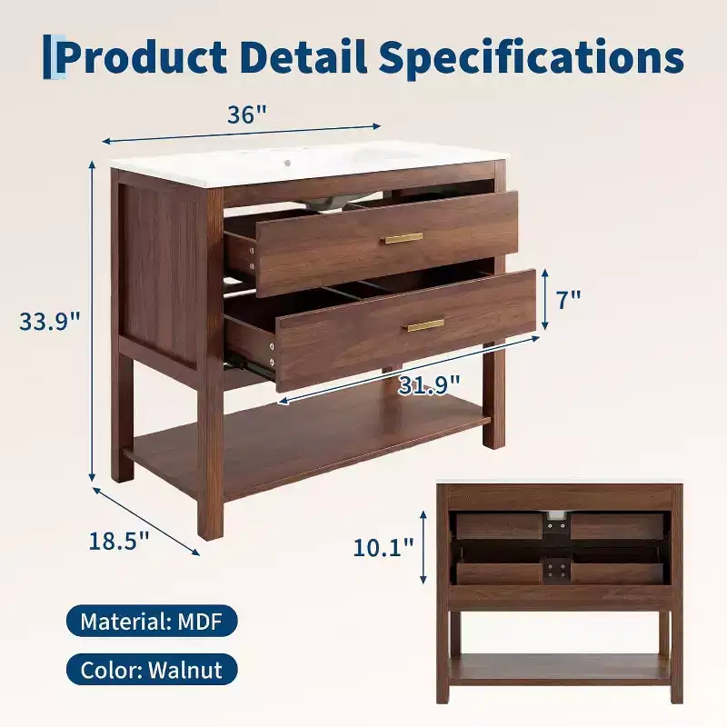 36 Farmhouse Bathroom Vanity with Sink  Freestanding Walnut Vanity Cabinet with 2 Drawers, Open Shelf & Handles, Easy Assembly