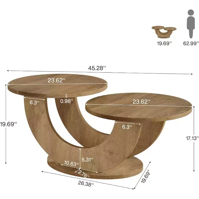 46-inch Round Coffee Table with U-Shaped Frame, Low Accent Center Tea Table for Home or Apartment, Oak