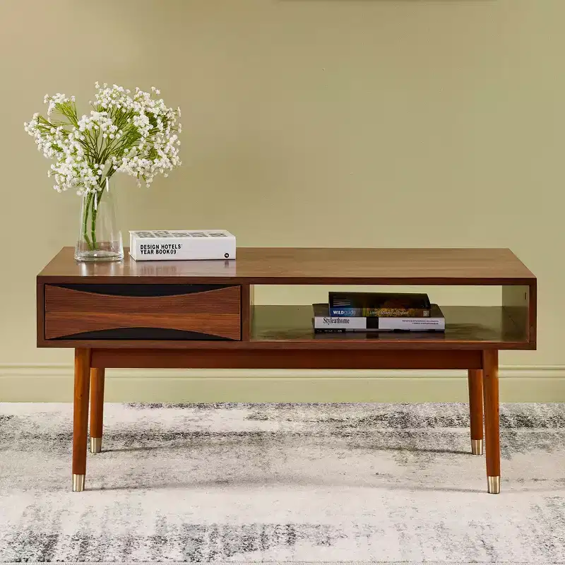 Dawson Mid-Century Modern Coffee Table with Drawer & Shelf