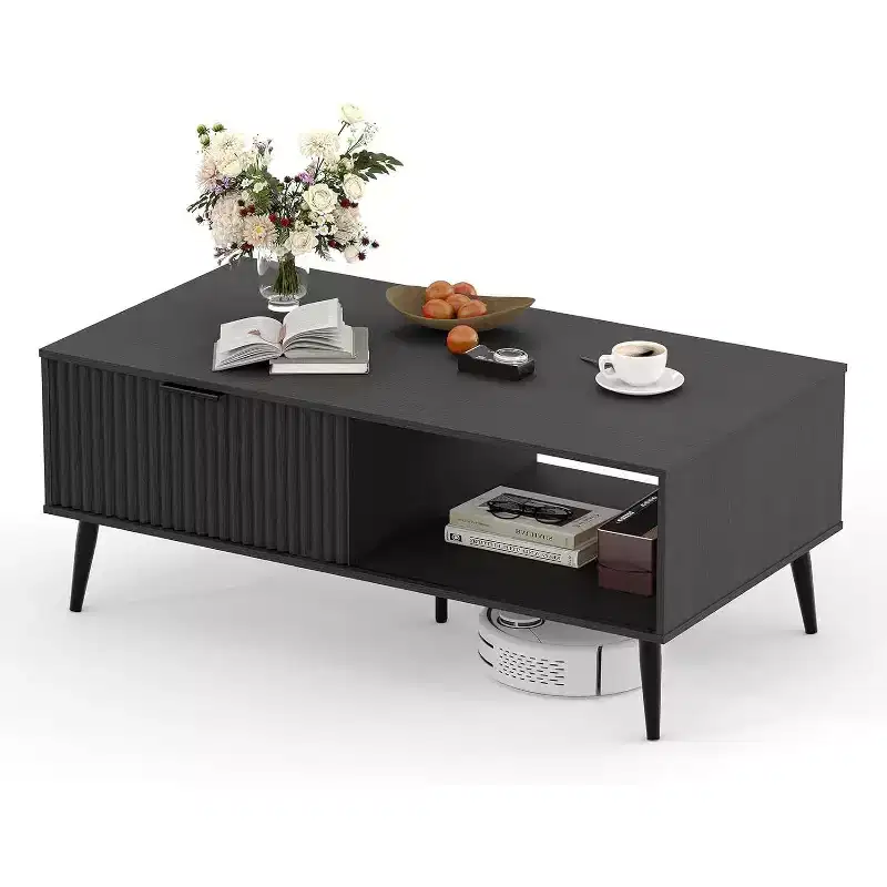 41.3 Wooden Coffee Table with Dual-Tier Storage, Wavy Sliding Doors, Rustic Farmhouse Rectangular Table for Living Room & Office