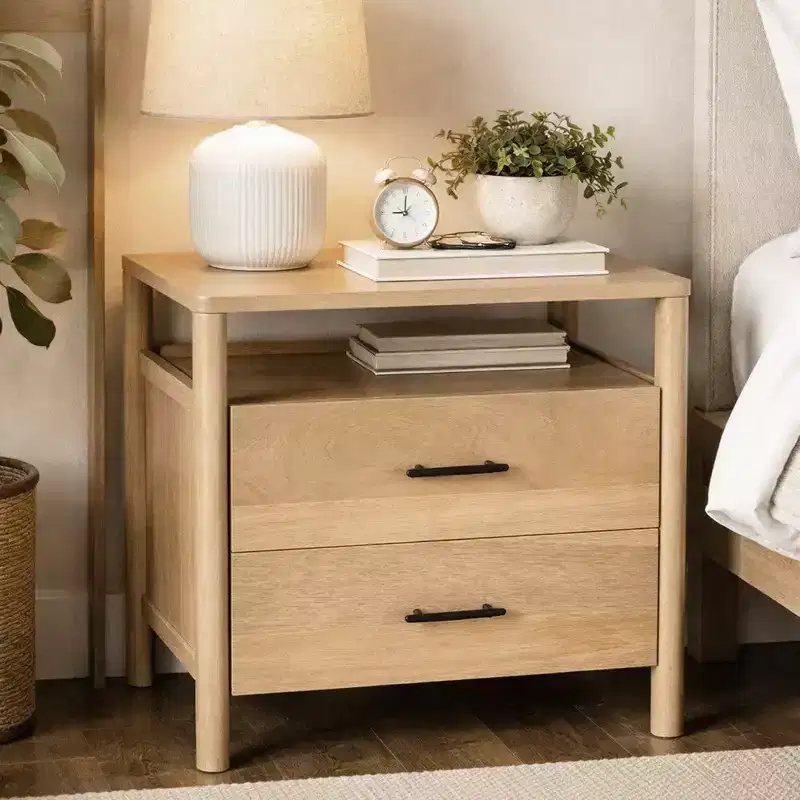 Royal Hampton Geti 29 Inch Bedside Nightstand Table, 2 Drawer, Open Shelf, Handcrafted Natural Oak White Mango Wood