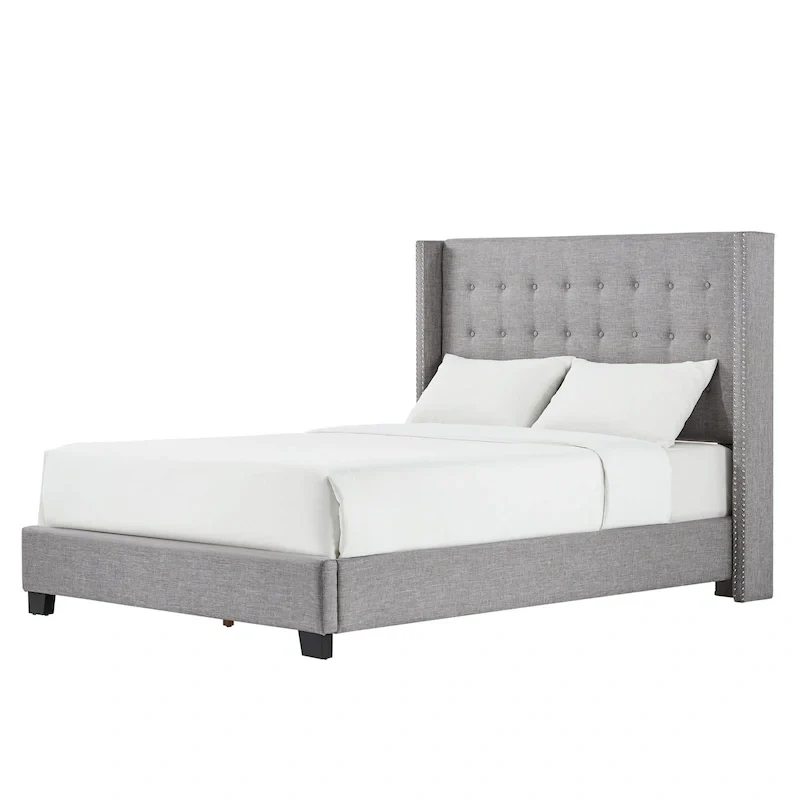 Tufted linen wing-back platform bed