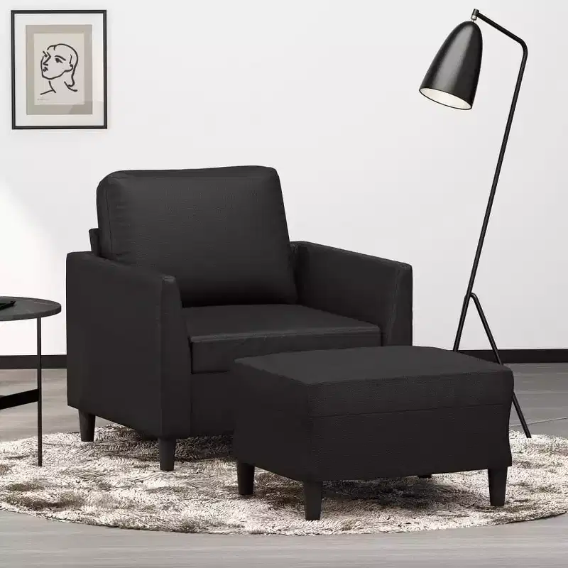 Accent Single Sofa Armchair with Footstool, Faux Leather - Black
