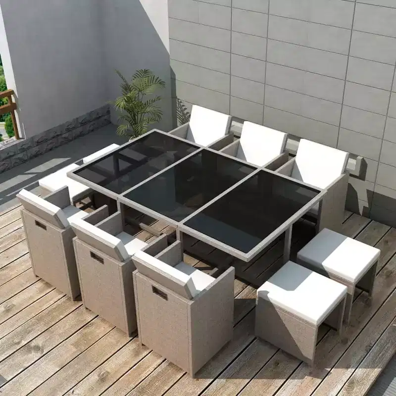 vidaXL Outdoor Dining Set Grey/Beige Powder-Coated Steel, PE Rattan, Glass