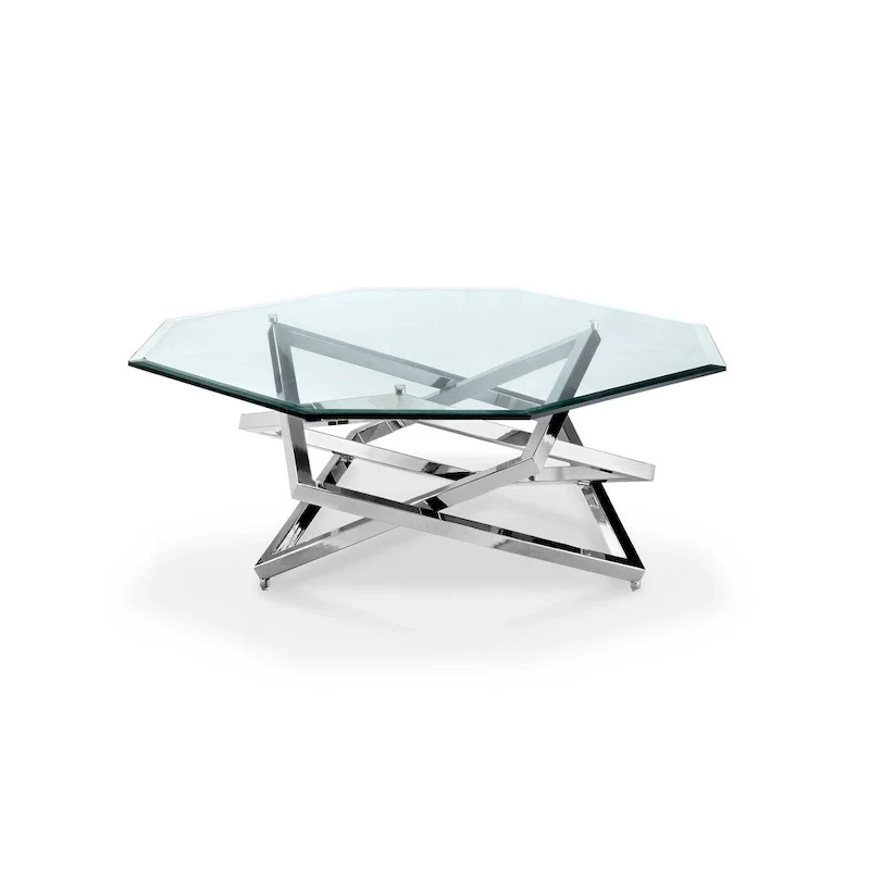Modern Chrome Metal & Beveled Glass Coffee Table | Pedestal Base | 40
