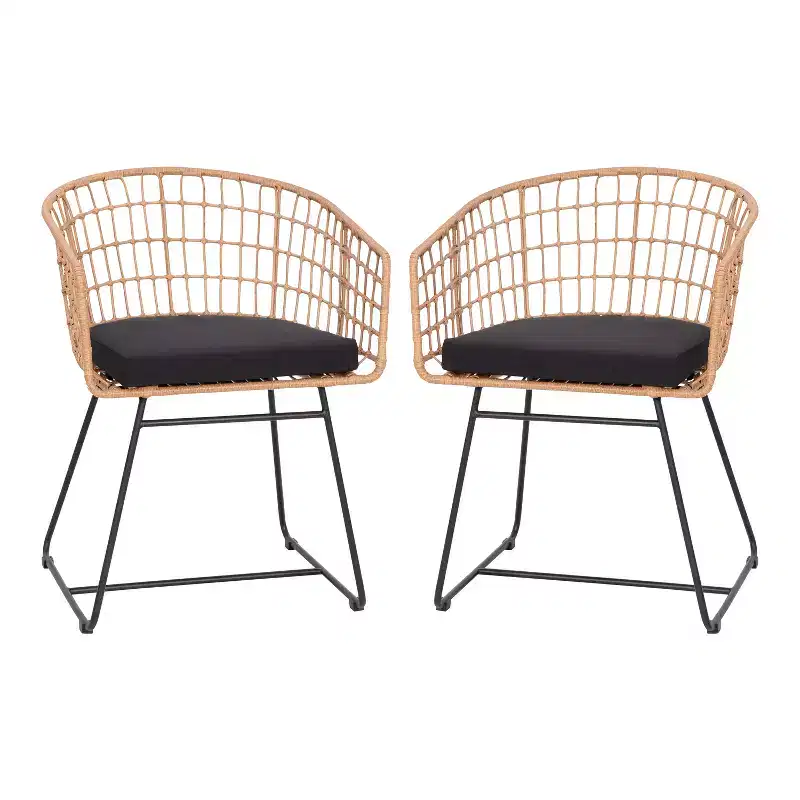 Emma and Oliver Set of Two All-Weather Faux Rattan Rope Chairs with Padded Cushions for Indoor and Outdoor Use