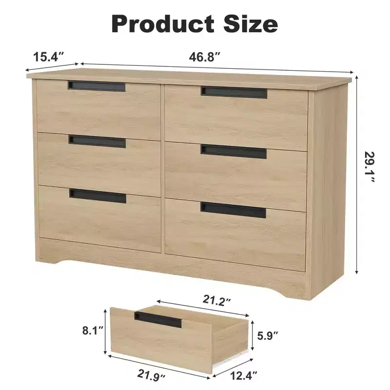 6-Drawer Natural Wood Double Dresser - Modern Storage with Recessed Handles for Bedroom or Living Room