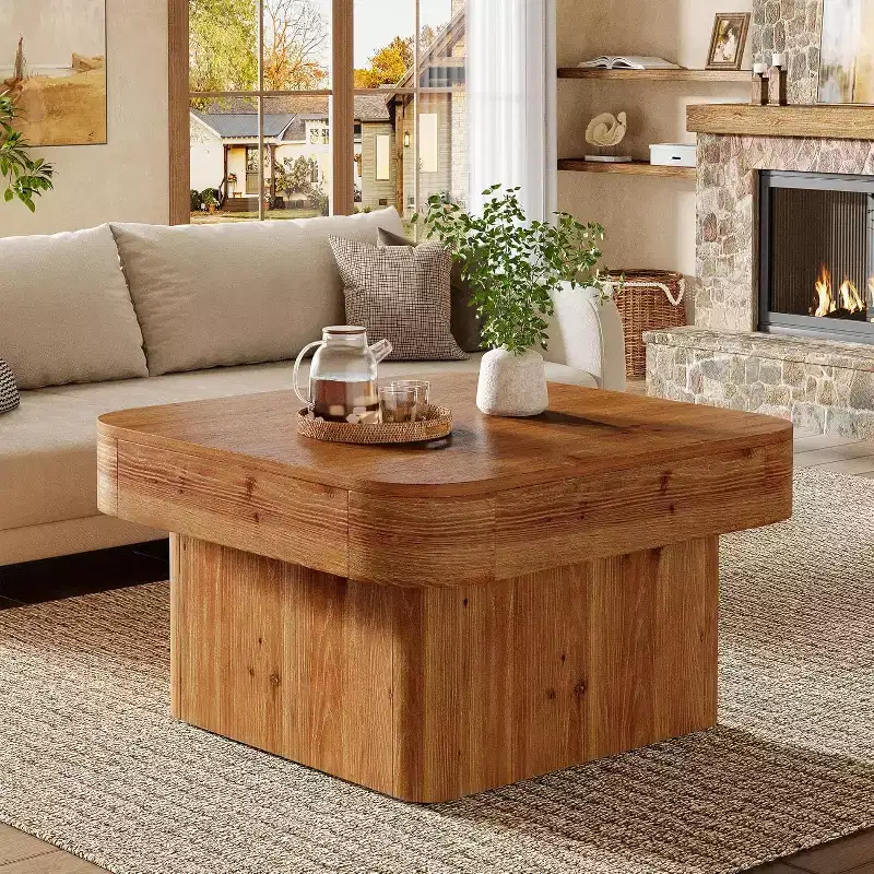 Lantine 31.5'' Solid Wood Coffee Table for Living Room, Farmhouse Square Coffee Table for Small Spaces, Rustic Brown