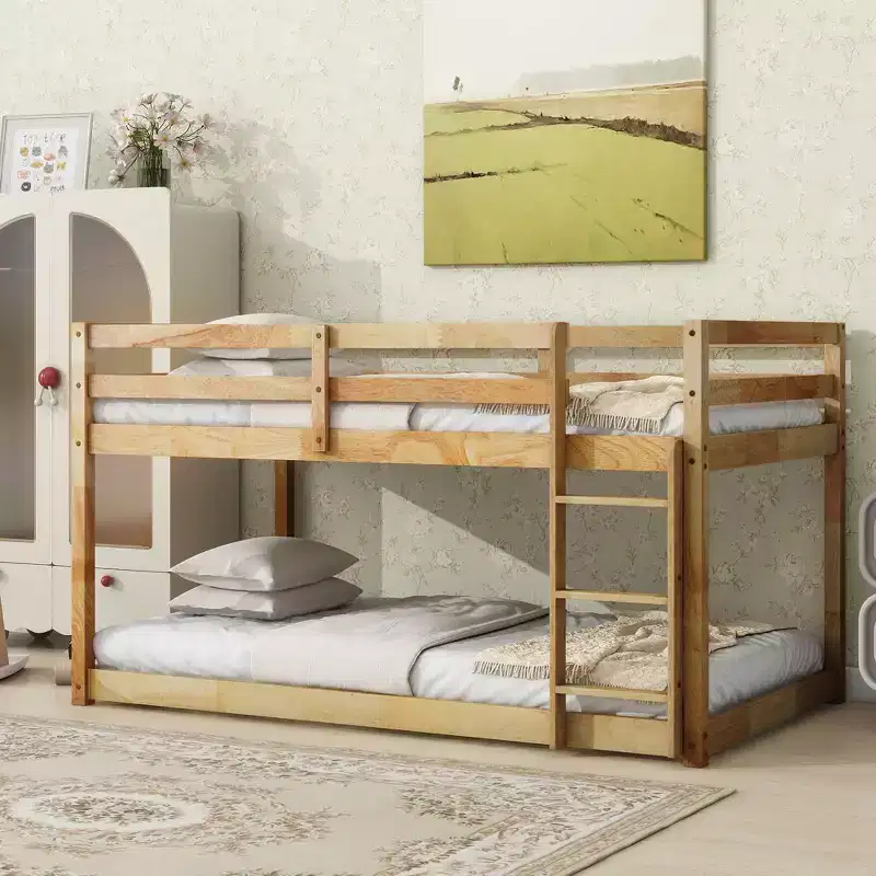 77.3-Inch Twin-Over-Twin Floor Bunk Bed with Ladder, Twin Bed with Guardrail and Strengthened Slats, Bed Frames for Kids Room, Gaming Room, Natural