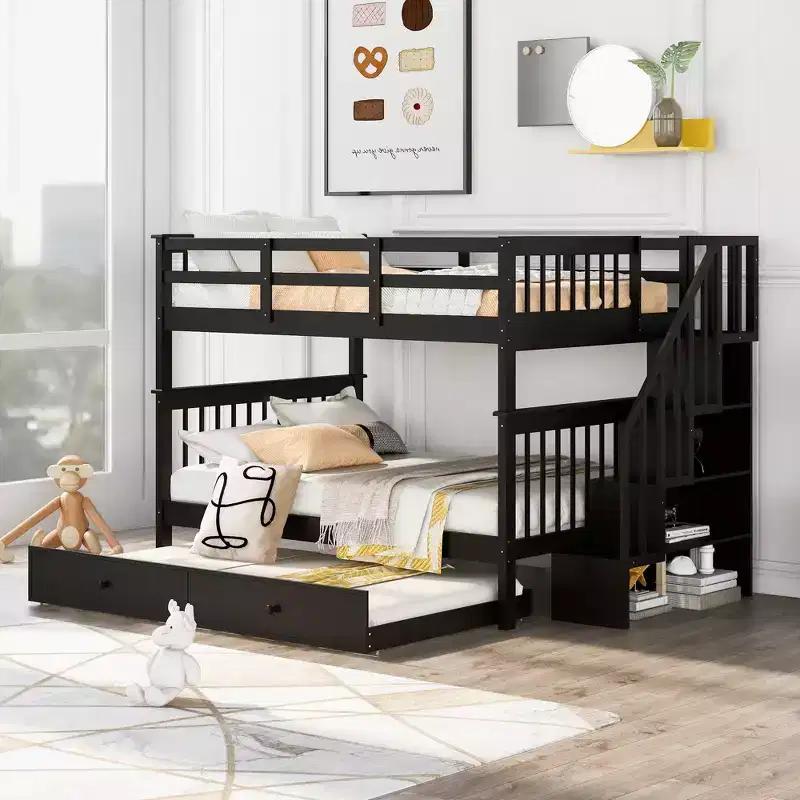 Full over Full Bunk Beds with Trundle and Stairs, Wooden Stairway Bunk Bed with Storage & Guard Rail for Dorm