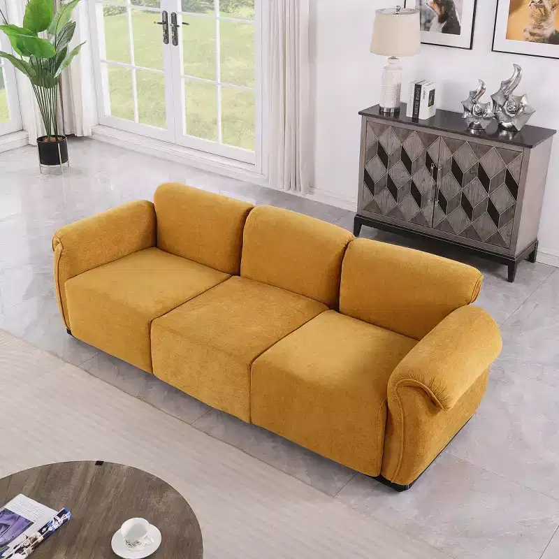 GDFStudio Khalid Modern 93 3-Seater Wood and Iron Chenille Upholstered Sectional Sofa with Split Backrest