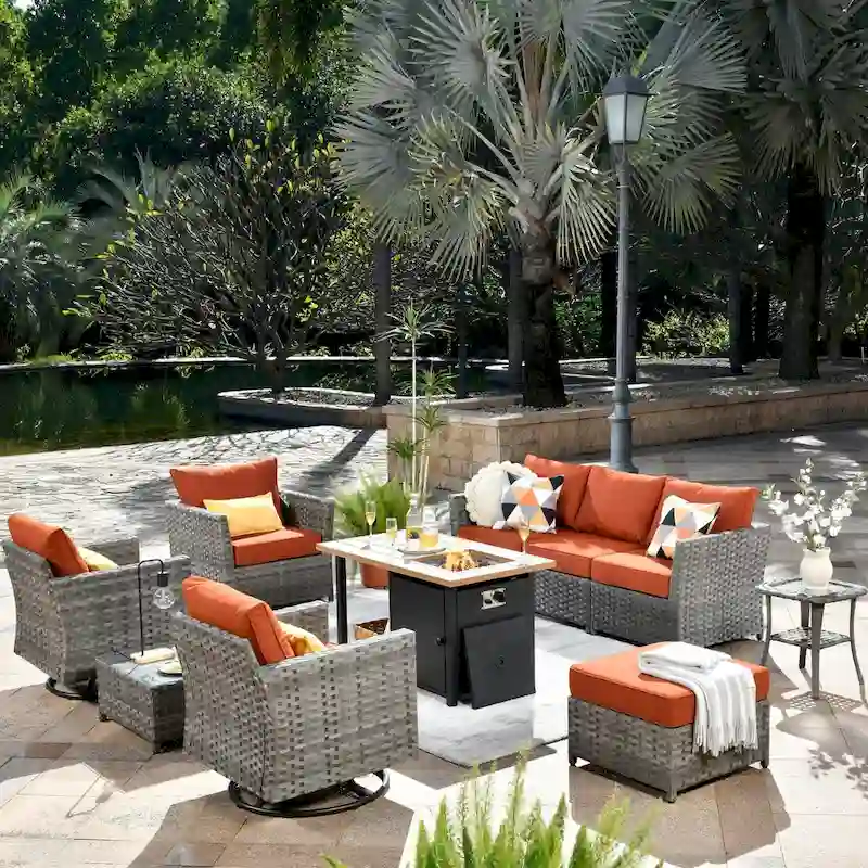 OVIOS 10-Piece Patio Wicker Conversation Rocking Chair Set With Fire Table