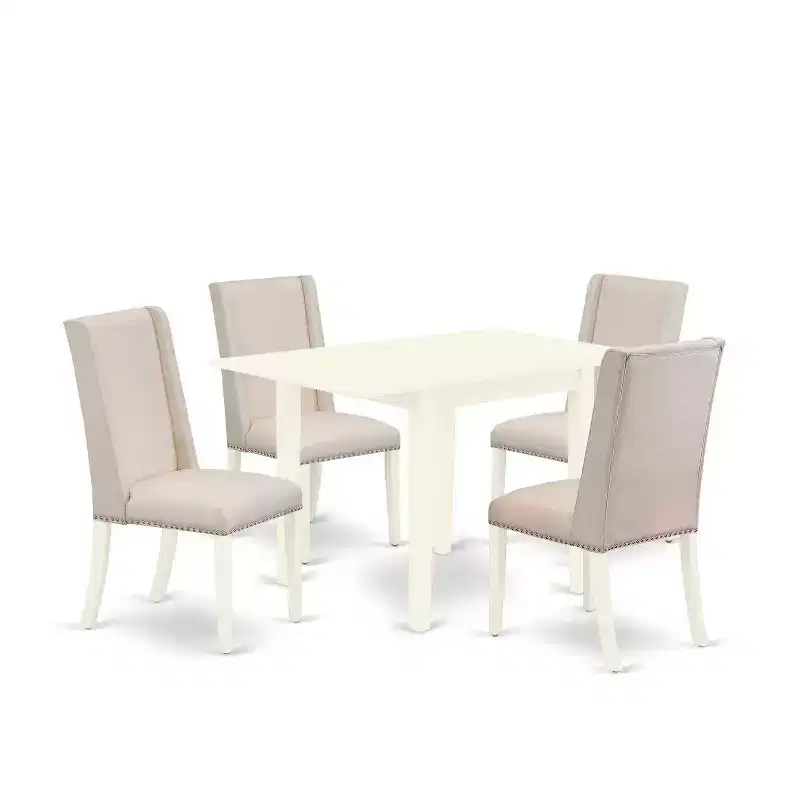 HomeStock 5-Piece Linen White Finish Solid Wood Top Dining Table with 4-Parson Chair with Drop Leaf