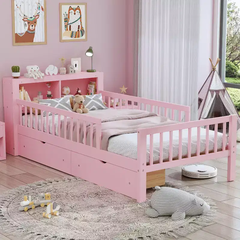 Twin Bed with Headboard Storage Rack, 2 Under-Bed Drawers & Guardrails – Pink