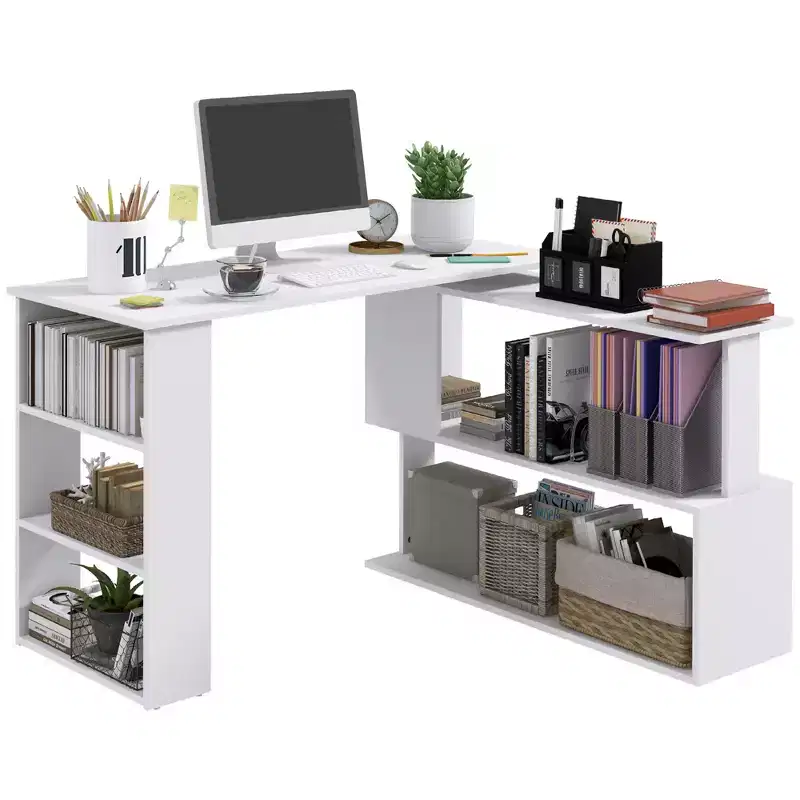 Rotating L Shaped Computer Desk with Shelves Space Saving Corner Desk with Storage