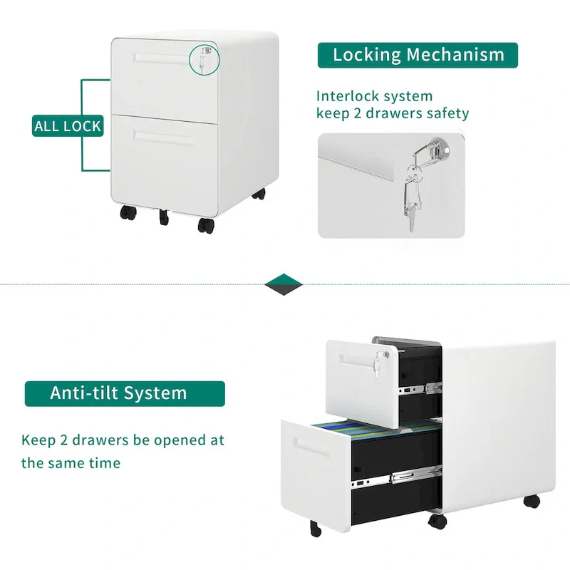 Black/White 2-Drawer Rolling Locking Steel File Cabinet for 1 Person