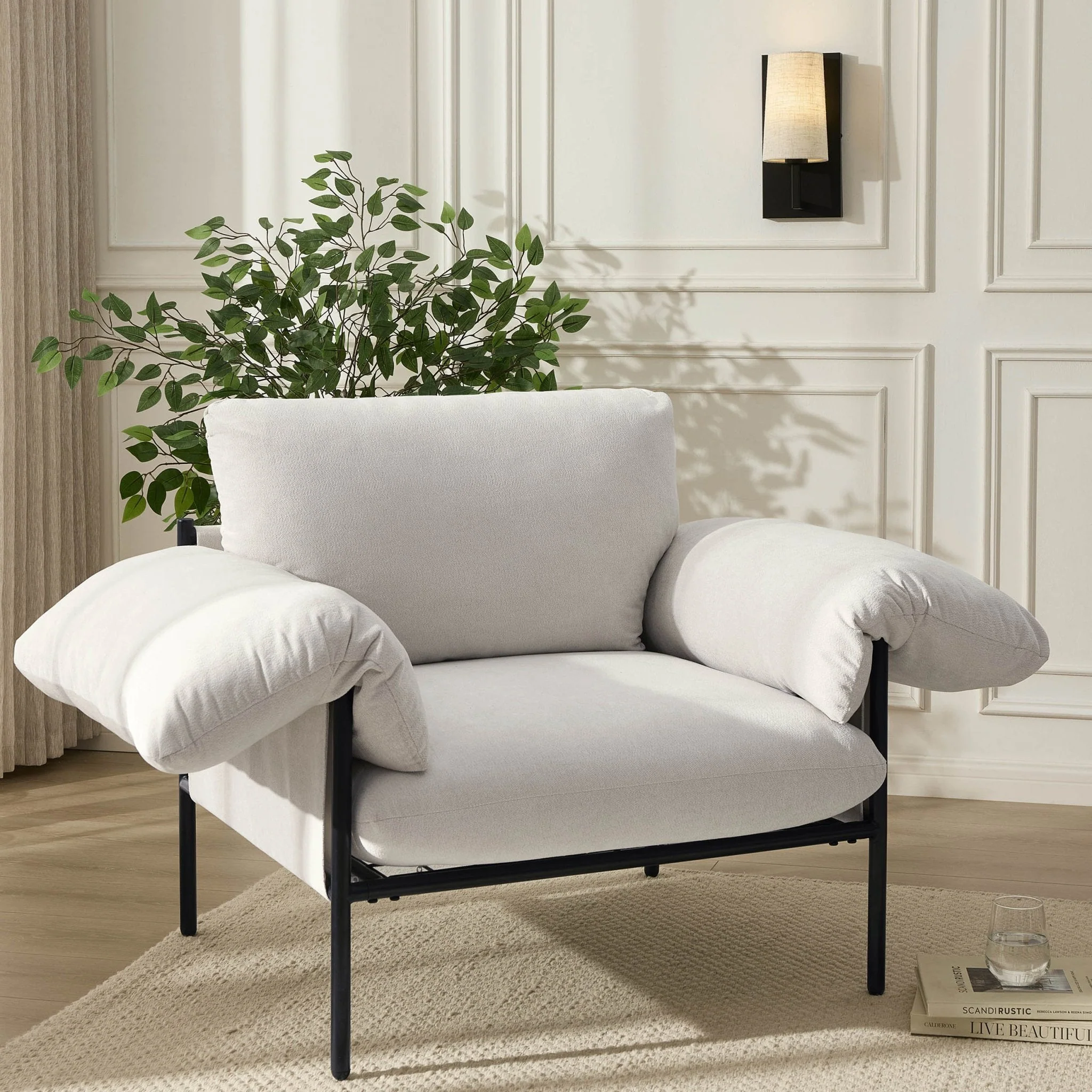 Casual Ivory Chenille Accent Chair with Slouched Silhouette for Living Room