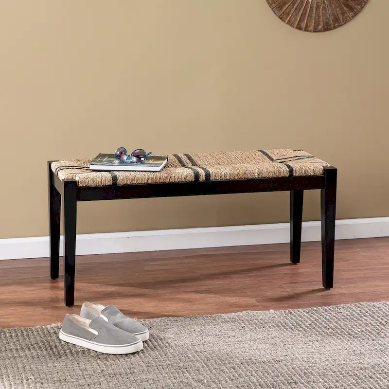 Woven Seagrass Seat Bench with Black Wood Frame – Black / Natural, 1-2 Person Use