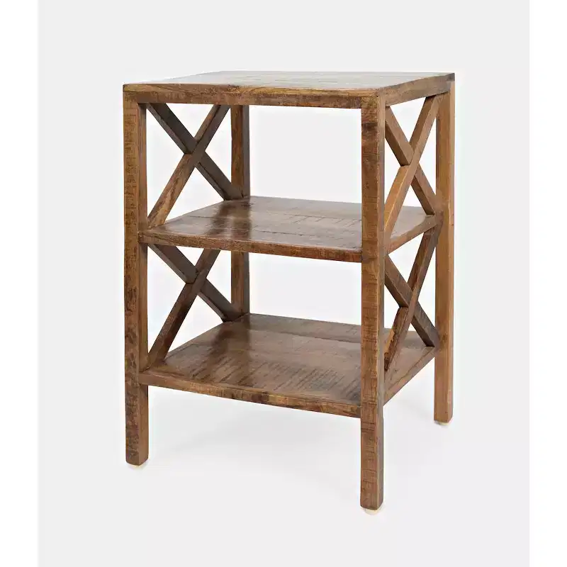 Solid Wood Rustic Modern X-Side Accent Table with Two Shelves - Gold Color