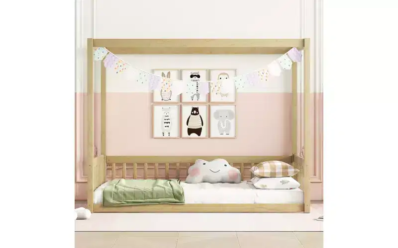 Whisen Twin Size Minimalist Canopy Floor Bed Frame, Montessori Floor Bed with Fence and Guardrails